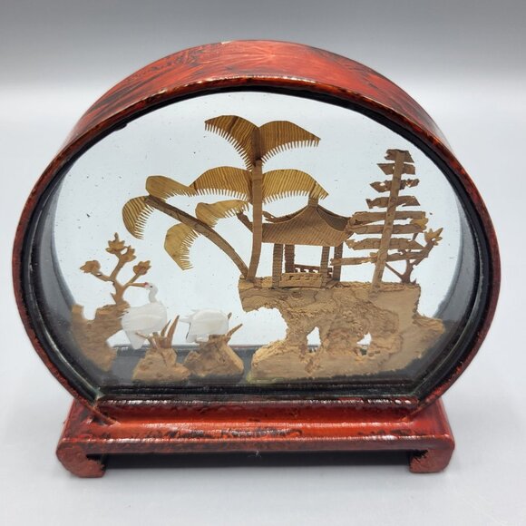 Vtg Chinese Hand Carved Cork Diorama Cranes Black Lacquer Art Stand 4" x 3.75" - Picture 9 of 16